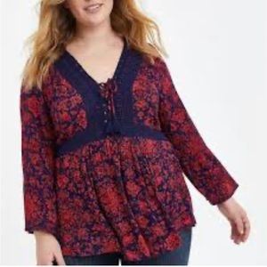 Torrid Plus Size V-Neck Crochet Trim Lace Up Tie Long Sleeve Blouse/Top Size 1
